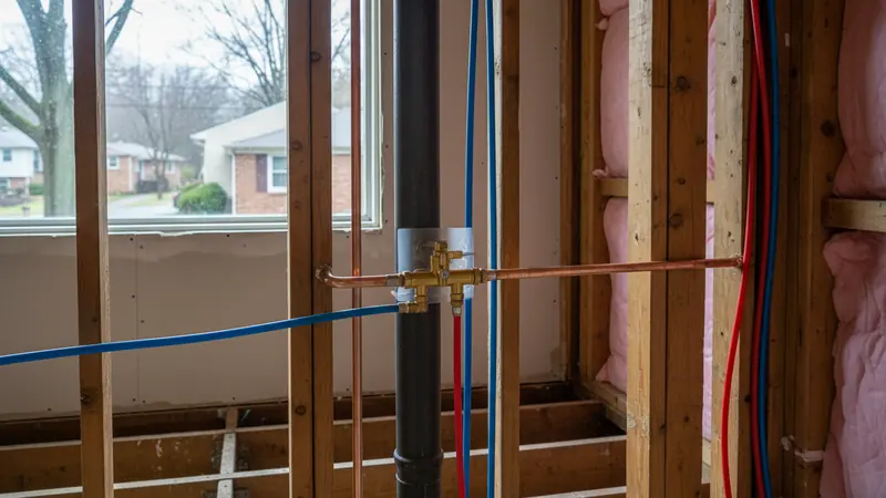 Supply pipework opened up in a wall of a house built in the 1980s Plumbing work in Loudoun County, VA.
